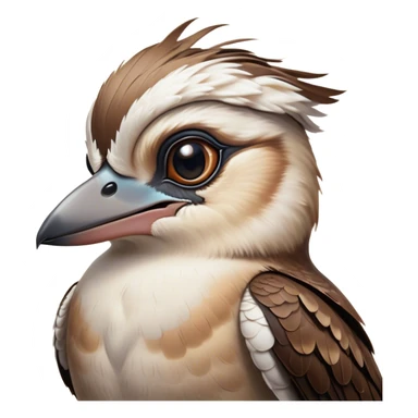 Cinematic Noble Kookaburra Portrait Emoji, Poised and regal, with a stout, robust build and a striking plumage of earthy browns and creams, a strong beak and deep-set soulful eyes, Simplified yet sharp and sophisticated features, highly detailed, glowing with a soft, dignified glow, high shine, intelligent and exuberant, stylized with an air of native woodland majesty, focused and attentive, soft glowing outline, capturing the essence of a watchful and confident bird, so majestic it feels as though it could laugh out of the screen with effortless authority! sticker