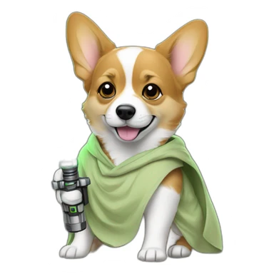 Corgi dress as yoda with one light saber green sticker