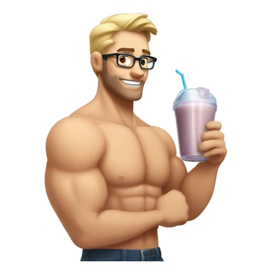caucasian white muscled guy drinking a protein shake, half body shirtless, wear glasses sticker