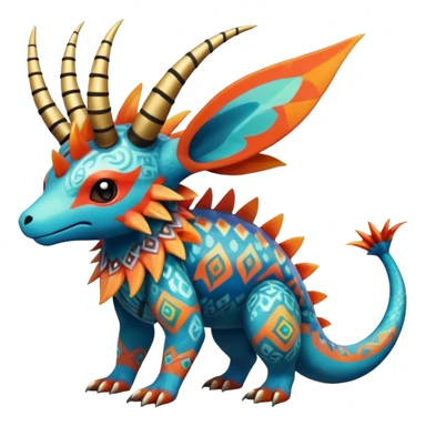 Colorful Exotic Pokémon-Fakémon-hybrid-creature (full body) with tribal intricate splash-markings and patterns and furs and scales and spikes and fins and horns  sticker