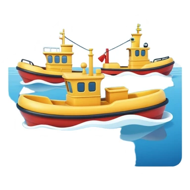 A 3D cartoon tugboat towing another boat on calm blue water, soft waves, clear sky, Memoji-style. sticker