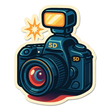 retro sticker style illustration of a DSLR camera with a flash on top, inspired by Canon 5D Mark III, bold outlines, glossy highlights, dramatic shadows, playful bright sticker look sticker