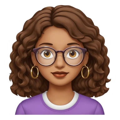 Women brown eye and brown mi-long wave hair with glasses and circle earing sticker