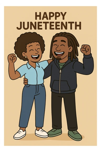 A woman Kinky hair light blue shirt blue jeans white shoes boy Dreadlocks dark brown hair green shuts navy blue zip up hoodie black jeans green shoes Bob Marley Vanessa Nakate Mae Jemison Happy JUNETEENTH sticker