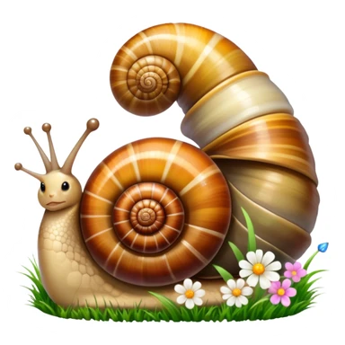 Close-up of large home snails inside a terrarium, showcasing their soft, spiral shells and glistening bodies, with a gentle light highlighting their details. With stones and grass and flowers. Transparent background. sticker