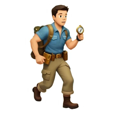 A vintage movie poster-style collage. Include action-packed elements like a treasure map, jungle scenes, a rugged explorer with a compass and a speeding jeep. Add a shadowy figure resembling close-up Mark Wahlberg in adventurous gear. Dramatic lighting, dynamic composition. Transparent background. sticker