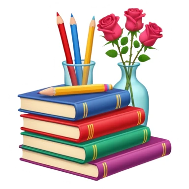 Five colorful books are stacked, along with a pencil holder full of crayons and a vase full of roses. The illustration style is cartoon. sticker