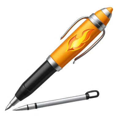 a pen, with a fire coming out of the ballpoint writing end of it sticker