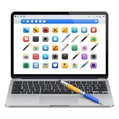 laptop emoji with grid of mini creative icons paintbrush camera pen on screen sticker