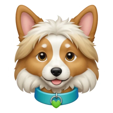 White and tan dog with blue and green collar sticker