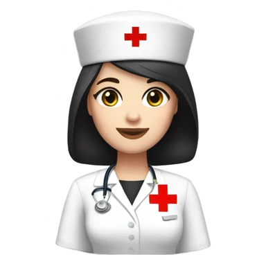 pixie cut black straight hair female nurse with red cross sign hat wearing dress
pale skin color
black eyes sticker