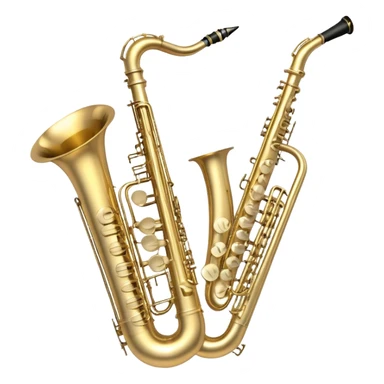 Create a professional, harmonious emoji collage symbolizing wind instruments.  The instruments should be in metallic gold, silver, and brass tones, with subtle reflections to convey a professional and polished appearance. Add soft musical notes or soundwaves to surround the instruments, creating a sense of movement and sound. The background should be transparent, ensuring all instruments are the focus and the composition remains harmonious and balanced. sticker