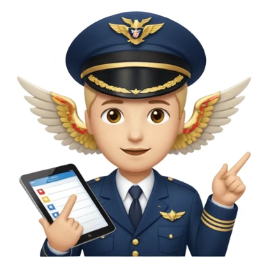Slack-style emoji of a pilot wearing a navy captain hat with gold wings, pointing at a tablet or checklist with one hand, other hand ready or slightly raised, confident and attentive expression sticker