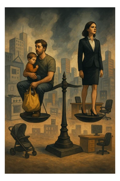Scena metaforica: una bilancia sociale sbilanciata, con un uomo seduto da un lato con un bambino in braccio e una borsa della spesa, mentre una donna in carriera in abiti formali guarda lontano con espressione determinata. Intorno a loro, simboli confusi dei ruoli tradizionali (fornello, scrivania, passeggino, ufficio). Sullo sfondo, una città moderna e caotica. L’atmosfera è riflessiva, non giudicante. Luci contrastate, come a simboleggiare tensione culturale. in italiano sticker