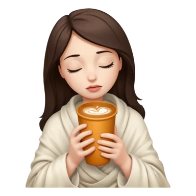 girl inside a offwhite blanket holding a coffee mug eyes closed, looking sad sticker