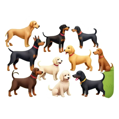 Collage of various dog breeds like Doberman, Poodle, Dachshund, and Golden Retriever, playing in a park with trees and grass. Some dogs run, others sit, all are full of energy and happiness. A joyful, colorful scene with playful expressions. Transparent background. sticker