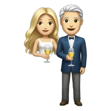 A white woman, she has brown eyes and blond medium long hair. A white man, he has blue eyes and grey hair. They toast to each other with a glass of white wine. sticker