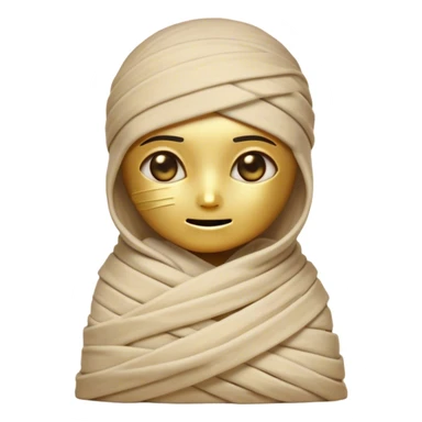 Cinematic Cute Mummy Portrait Emoji, with a delightfully charming, slightly clumsy bandaged form in warm faded tones and subtle hints of gold, featuring wide, curious eyes peeking from the wrappings and a sweet, innocent smile, simplified yet adorably detailed, glowing with a soft, ancient warmth and a gentle outline that captures the playful spirit of an ancient mummy! sticker