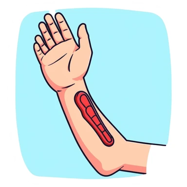 Forearm with allergy skin prick test showing red reaction bumps, 5 fingers visible at the wrist, medical procedure sticker