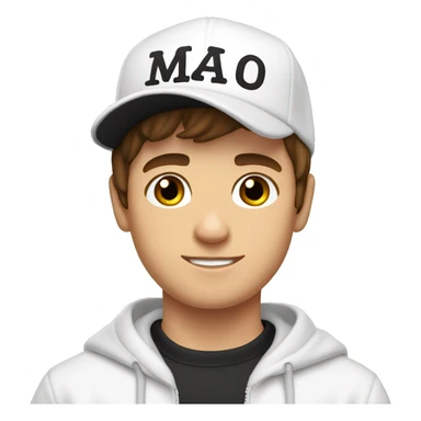 A young guy, brown hair, white sweatshirt, black cap with the inscription malo, shows his hand Cool sticker