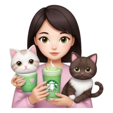 asian girl with short dark brown hair and dark brown eyes with a soft girl pink glowup aesthetic. matcha latte sparkles girly things, 2 ragdoll cat sticker