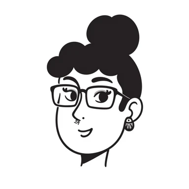 23-year-old girl with square thin glasses, brown curly hair in a high bun, big eyes and lashes, small nose and mouth, thin hoop nose piercing sticker