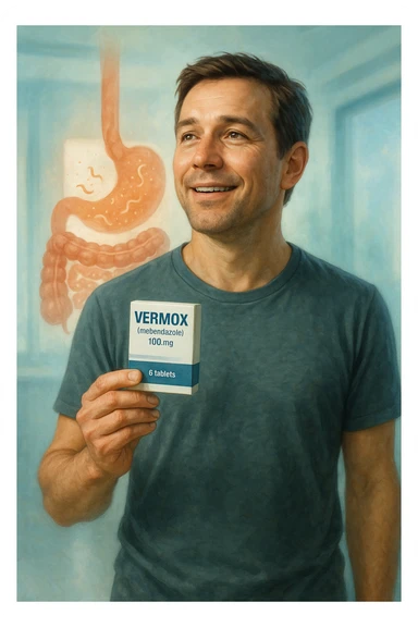 A realistic, cinematic illustration of a man in his late 30s holding a small white box of ‘Vermox’ (mebendazole) in one hand, with a relieved and hopeful expression on his face. Behind him, a semi-transparent overlay shows his digestive tract where small, symbolic worm-like parasites are dissolving and disappearing, indicating the medication’s effect. The environment is clean and bright, with a medical yet hopeful tone, conveying the concept of effective parasite removal. Subtle blue and green tones symbolize cleansing and health restoration, while the man appears energized and ready to reclaim his well-being sticker