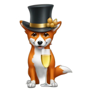 Dog looking like Fox drinking white wine wearing high hat sticker