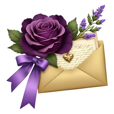 Beneath the soft light of a silver crescent moon, a bundle of handwritten letters lies wrapped in a velvety plum ribbon, adorned with a delicate sprig of lavender and a scattering of bruised violet pansies. A faded mauve rose and a deep purple peony, their petals gently curling at the edges, rest beside an ornate heart-shaped trinket, whispering tales of love lost and found. Golden stars twinkle faintly, reflecting off the wax-sealed envelopes, as if they, too, are enchanted by the lingering emotions woven into each word. sticker