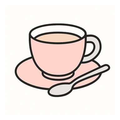 A pink and gray flat illustration of a coffee cup on a saucer with a spoon. sticker