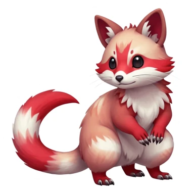 Cool Smooth Asian oriental painted silky soft White white with red gradients, and slit eyes markings beautiful handsome gorgeous aesthetic colorful vibrant Vernid-Trico-Marsupial-Furret-Zangoose-species-Fakemon-creature by LiLaiRa, 4 legs, 1 tail, random markings, (full body) sticker