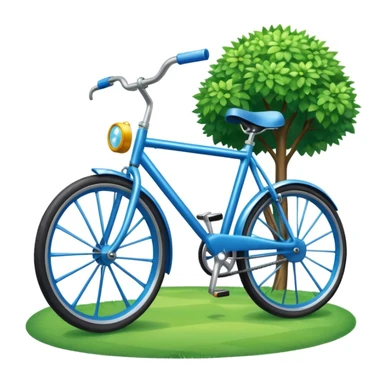 blue bicycle emoji in front of a sunny park with green grass, playful and bright sticker