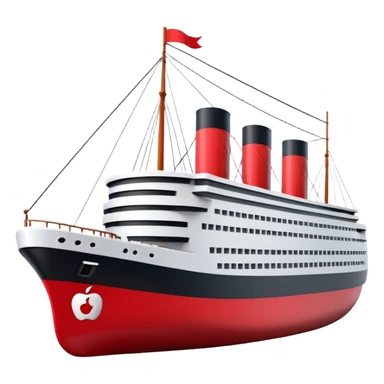 A 3D stylized Titanic ship in Apple emoji style, smooth and glossy surface, clean white and black colors with red accents, large expressive windows but no face, sailing on calm ocean with soft lighting, Pixar-quality render, minimal and elegant design, isolated on studio background.

 sticker