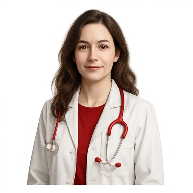 white-skinned female doctor with long wavy brown hair, wearing a white coat, red shirt underneath, red stethoscope around neck, simple realistic style sticker