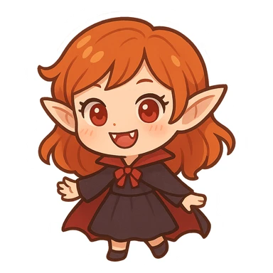 cute ginger-haired vampire girl, cartoon style, fangs, red eyes sticker
