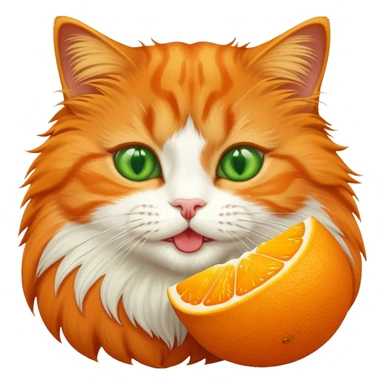 Orange cat eating an orange fruit that has a cat face drawn on it sticker