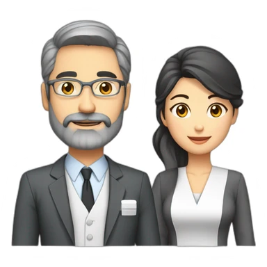 husband preacher middle age dark gray hair trimmed beard business suit, with wife asian age 55 dark hair nurse uniform sticker