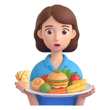 a person holding a plate of food, looking uncertain, expressive face, clear body language, no background sticker