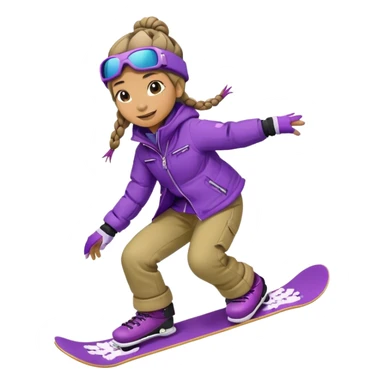 Girl crocodile with two hair braids riding a snowboard with a purple jacket sticker