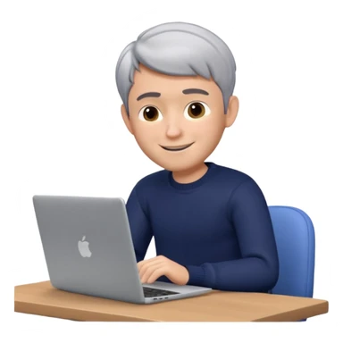 3D Memoji of the man from the photo, short salt-and-pepper hair, dark navy sweater, sitting with a silver laptop, Pixar style, white background, professional smile sticker