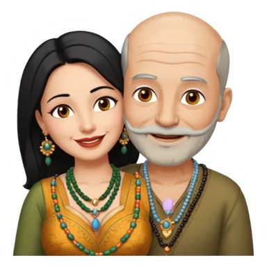 I want an old man with balding and grey beard  wearing no jewelery and a woman in her 40s with dark black hair parted in indian woman style wearing a beads chain  with the cleavage of the woman visible in a passionate embrace, both must be blissfully smiling sticker