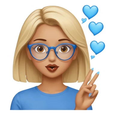Asthectic Blonde women with brown eyes, blue glasses, waering a brown top, blowing a kiss with hearts around her. sticker