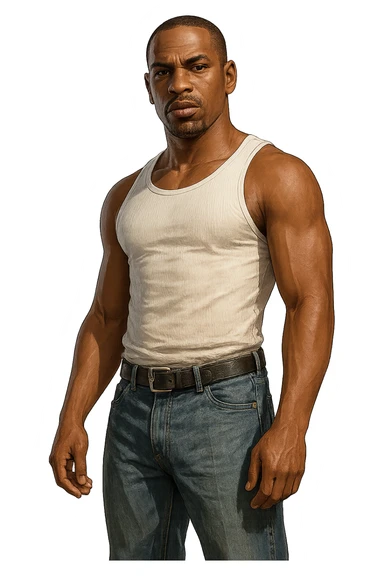 CJ from Grand Theft Auto: San Andreas in the style of Grand Theft Auto V, detailed, urban, confident pose, wearing a white tank top and blue jeans, realistic lighting, no background sticker