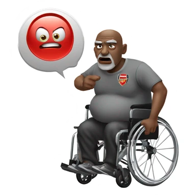 old black bald man with a protruding round pot belly in wheelchair. angry face. grey stubble. he is pointing finger in front. arsenal soccer shirt. mouth word bubble sticker