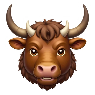 Cinematic Noble Domestic Ox Portrait Emoji, Poised and stalwart, with a massive, muscular build and a thick, smooth hide in deep earthy tones, prominent, curved horns, and steady, soulful eyes, Simplified yet sharp and sophisticated features, highly detailed, glowing with a warm, dignified glow, high shine, intelligent and dependable, stylized with an air of timeless strength, focused and attentive, soft glowing outline, capturing the essence of a watchful and confident ox that feels as though it could plod out of the screen with effortless authority! sticker