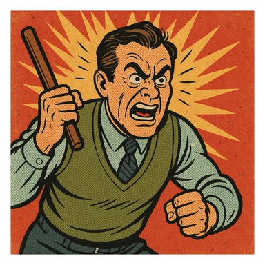 a furious dad holding a baton, expressive face, dynamic pose, cartoon style, bold lines, vibrant colors sticker