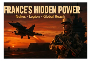 Cinematic dusk, 16:9: Rafale jet launches from Charles de Gaulle carrier, orange sunset. Foreground: Legionnaire in desert camo, holding advanced rifle. Bold tricolor headline: ‘FRANCE’S HIDDEN POWER’. Subtext: ‘Nukes • Legion • Global Reach’. 8K, epic style, cinematic and dramatic lighting. sticker