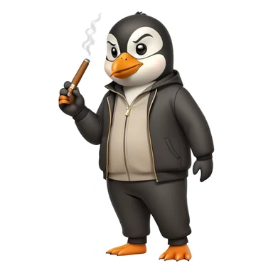 friendly anthropomorphised penguin wearing a mafia-style tracksuit, holding a cigar, secretive scheming pose, angry expression, walking with determined stride sticker