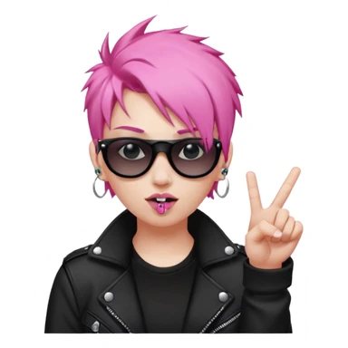 A pink haired punk flipping the bird and mouthing the f sound with black clothes and a pair of black sunglasses and piercings  sticker
