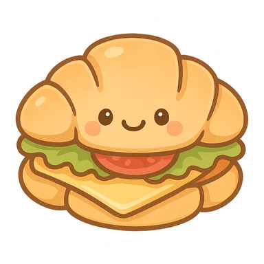 chibi sticker-style croissant sandwich with a smiling face, cute and exaggerated sticker